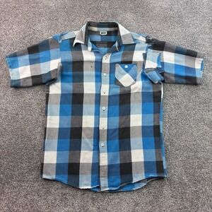 Vintage 60s Ely Cattleman Flannel Shirt Mens XL Blue Black Short Sleeve Plaid
